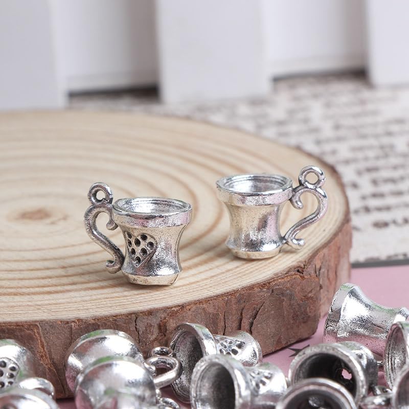 Opexicos 50 dijes para taza de café, para tazas de té, diseño de tono plateado envejecido, accesorios hechos a mano para manualidades, 3D, 0.394 x