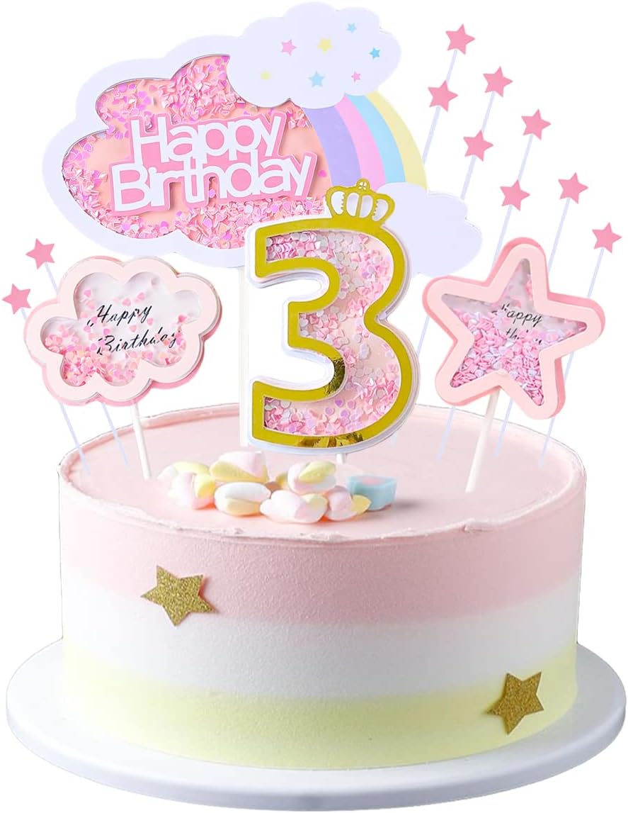 Juego de decoración de pastel de tercer cumpleaños para bebé niño con nubes de arco iris, estrellas, palillos para tartas de tres años, suministros