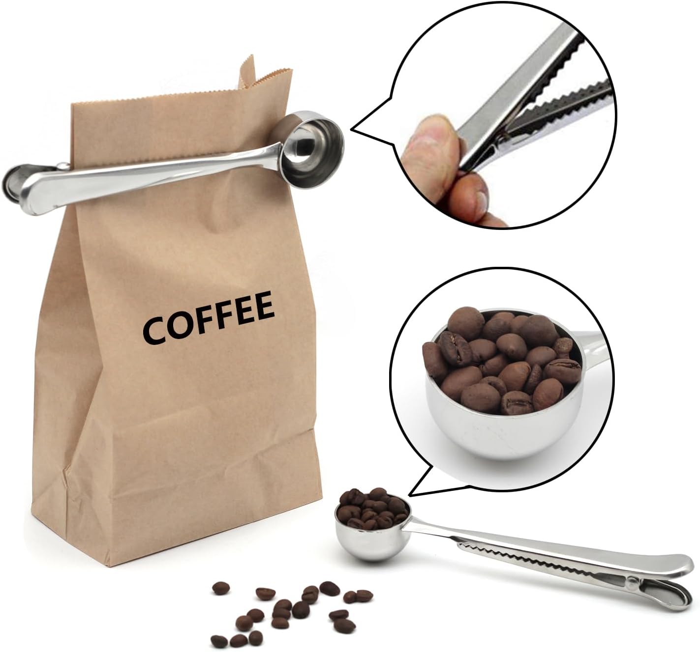 Cuchara medidora de acero inoxidable 188 con clip para bolsa de café molido, espresso, granos de café, cuchara medidora de café multifuncional de