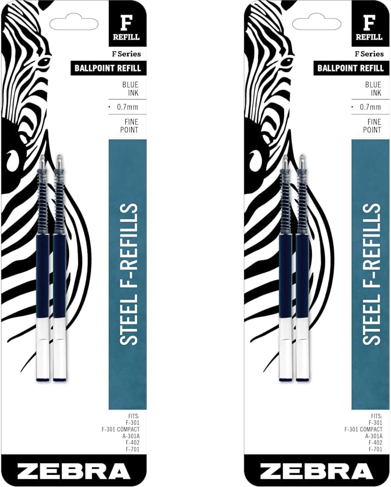 Zebra Pen F-Series – Recambio de bolígrafo de acero inoxidable, punta fina, 0.028 in, tinta azul, 2 unidades (paquete de 2)