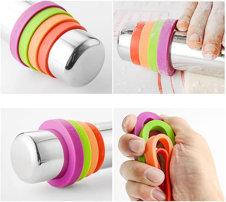 A-XINTONG – Juego de rodillos de acero inoxidable con alfombrilla de silicona para repostería, rodillos con 4 anillos de grosor ajustable para