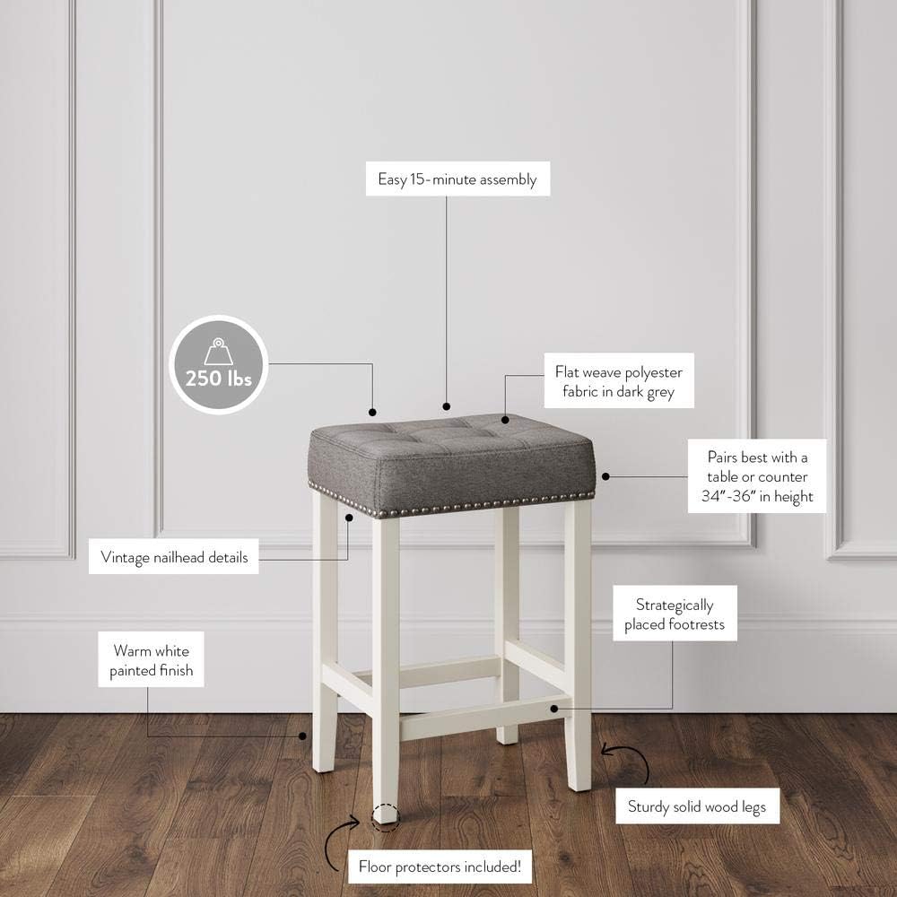 Nathan James Hylie Juego de 2 taburetes de madera para cubierta de cocina, altura de pub, 24 pulgadas, tupido, con tachuelas de tapicería, grisblanco