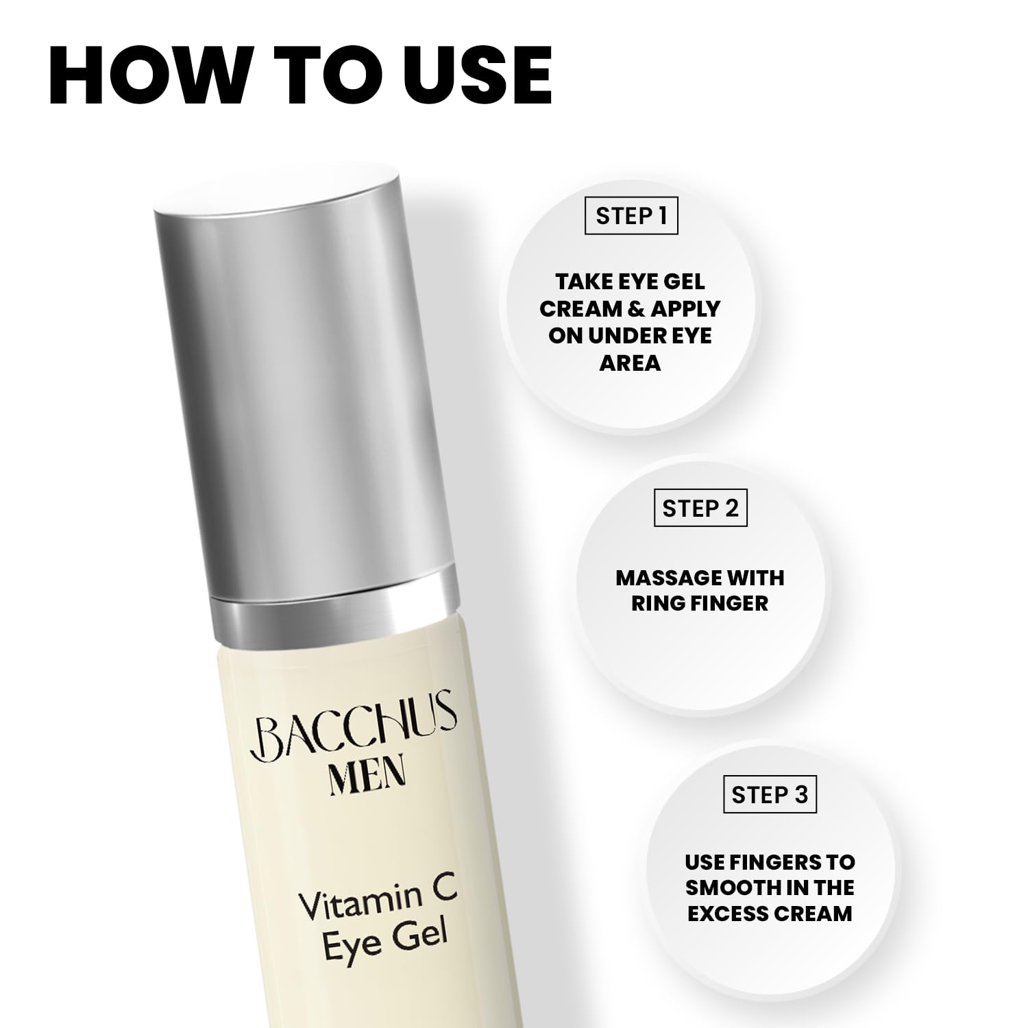 Bacchus Gel para ojos con vitamina C para hombres, reduce las ojeras, las manchas y la hinchazón de los ojos, tratamiento antienvejecimiento nutre,