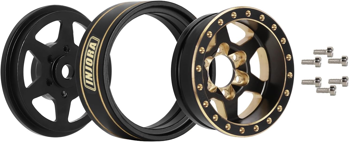 INJORA 1.0 Plus – Llantas de latón Beadlock de 6 radios para TRX4M SCX24 FCX24 124 118 RC Crawler, 1.48 ozpiezas (negro y dorado)