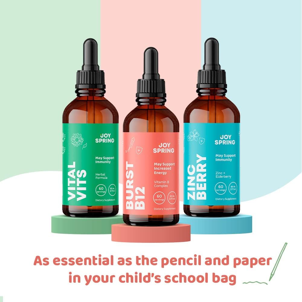 JoySpring Vital Vits, Burst B12 y Zincberry – Gotas de hierbas diarias naturales – Llena los huecos dietéticos – Paquete de regreso a la escuela –