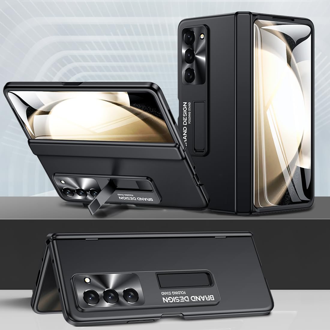 Funda con función atril para Galaxy Z-Fold-5 Protección completa de bisagra Funda delgada con cuerpo completo, protector de pantalla y soporte para