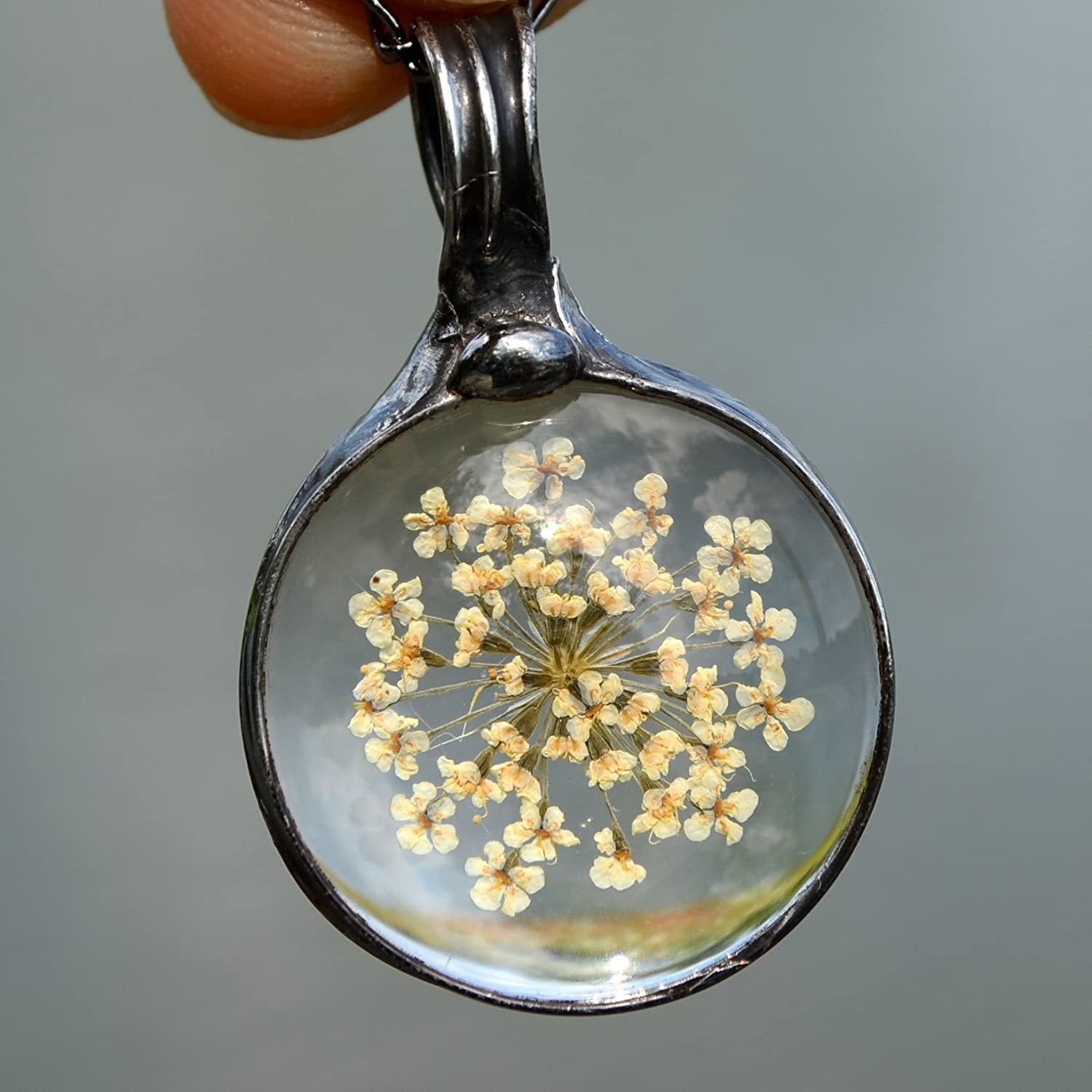 White Wildflower Necklace for Women Real Pressed Flower Queen Anne’s Lace Glass Pendant Birthday 13th Wedding Anniversary Gift Artisan Crafted by