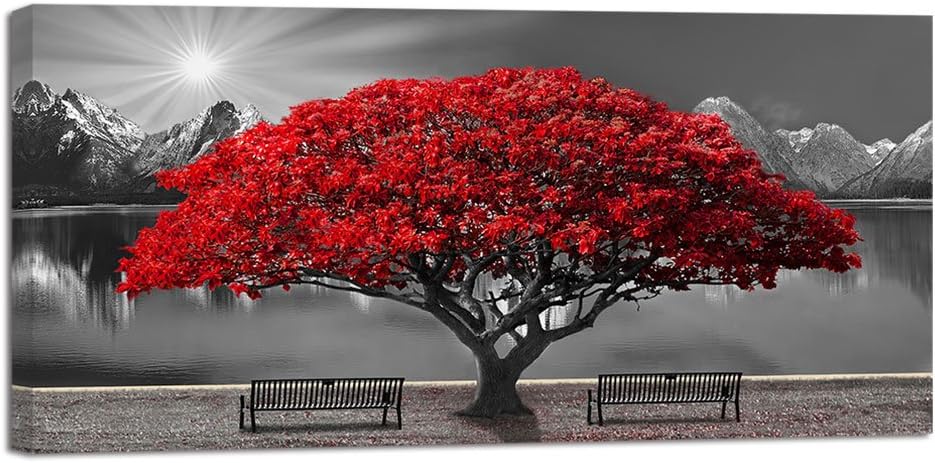 Black and White Red Tree Wall Art Canvas Print Picture Large Red Tree Landscape Modern Artwork for Living Room Bedroom Office Home Wall Decor With