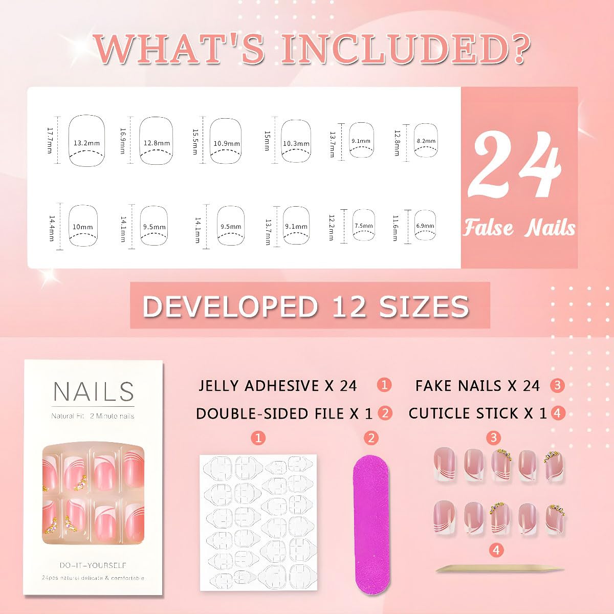 Uñas postizas cuadradas cortas a presión, 24 piezas de uñas postizas blancas francesas con diamantes de imitación, juego de herramientas adhesivas