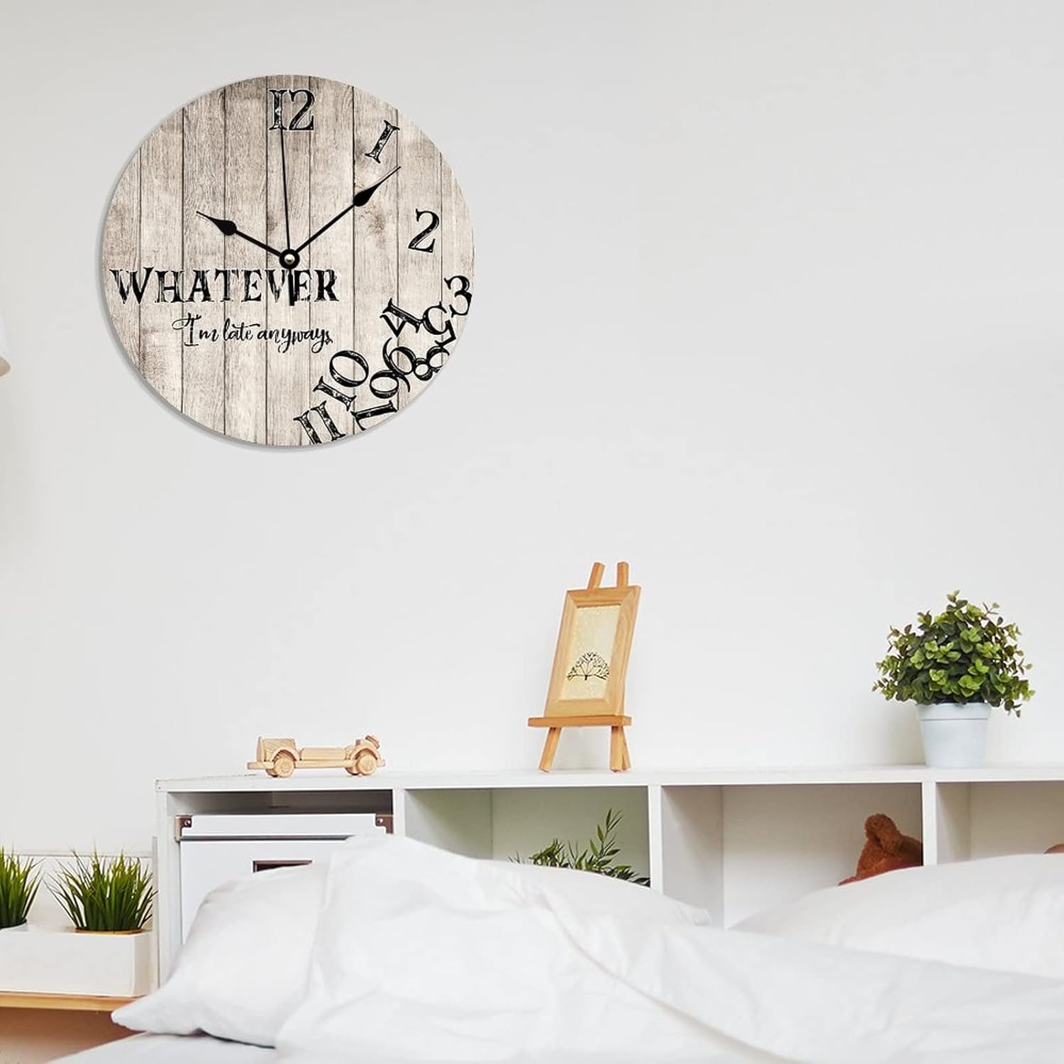 Reloj de pared con texto en inglés Whatever I’m Late Anyways para pared, rústico, envejecido, de grano de madera blanca, PVC, silencioso, sin