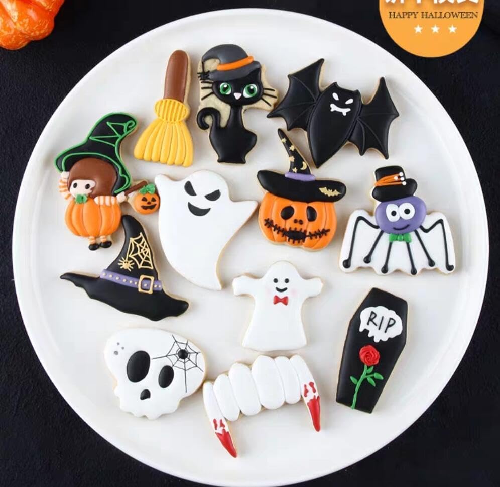 Cortadores de galletas de Halloween, 5 piezas de acero inoxidable para hornear, moldes de calabaza, fantasma, dientes de vampiro, murciélago, ataúd