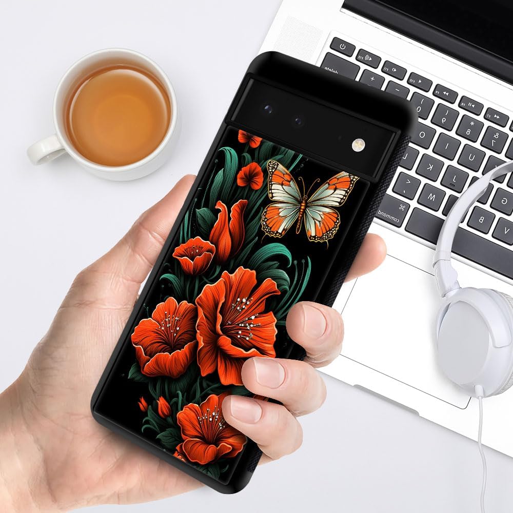 CARLOCA Funda compatible con Google Pixel 7, diseño de mariposa de flores rojas para Google Pixel 7, ultra protección, a prueba de golpes, silicona