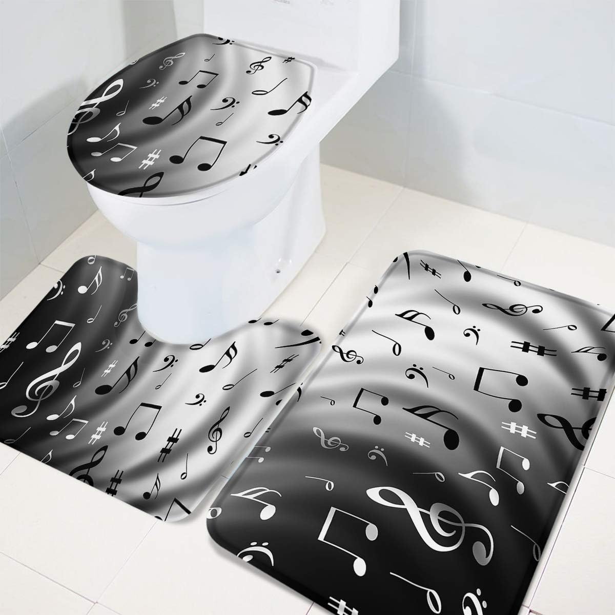 Juego de 3 alfombras de baño con nota musical, incluye tapete de contorno antideslizante, cubierta de tapa de inodoro en forma de U y tapete de baño