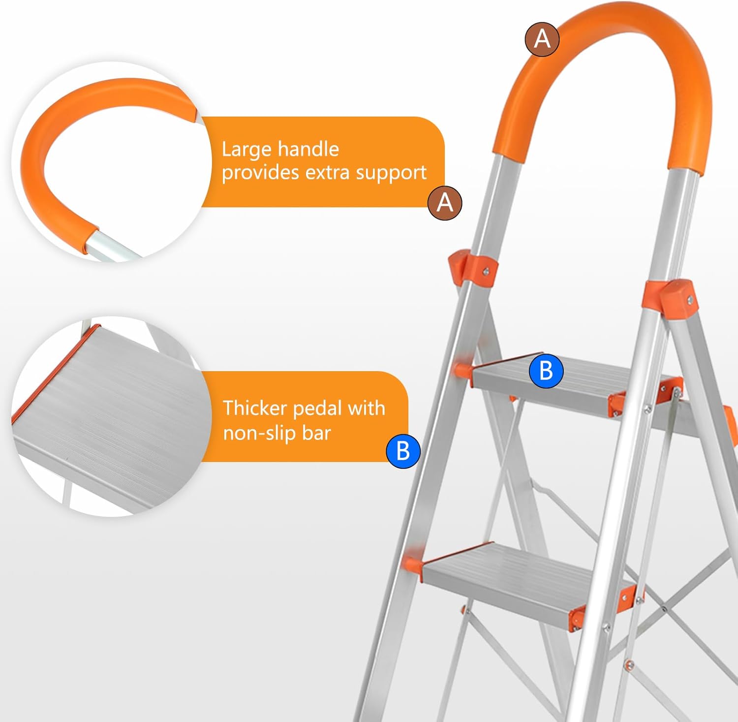 SUPERFASTRACING Taburete plegable de aluminio multiusos de 5 pasos, pasamanos de goma antideslizante, escalera portátil para el hogar