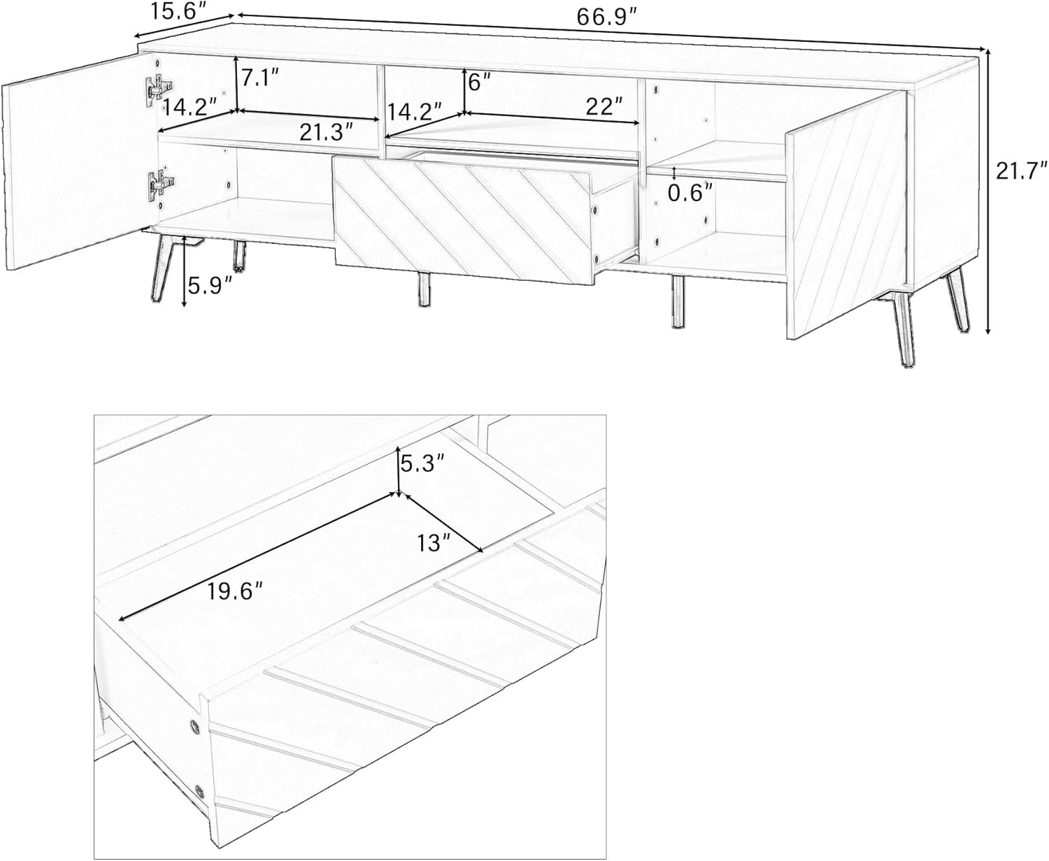 Soporte de TV moderno de mediados de siglo para TV de 75 pulgadas, gabinete de TV de madera con cajón y estante abierto, mesa consola de TV