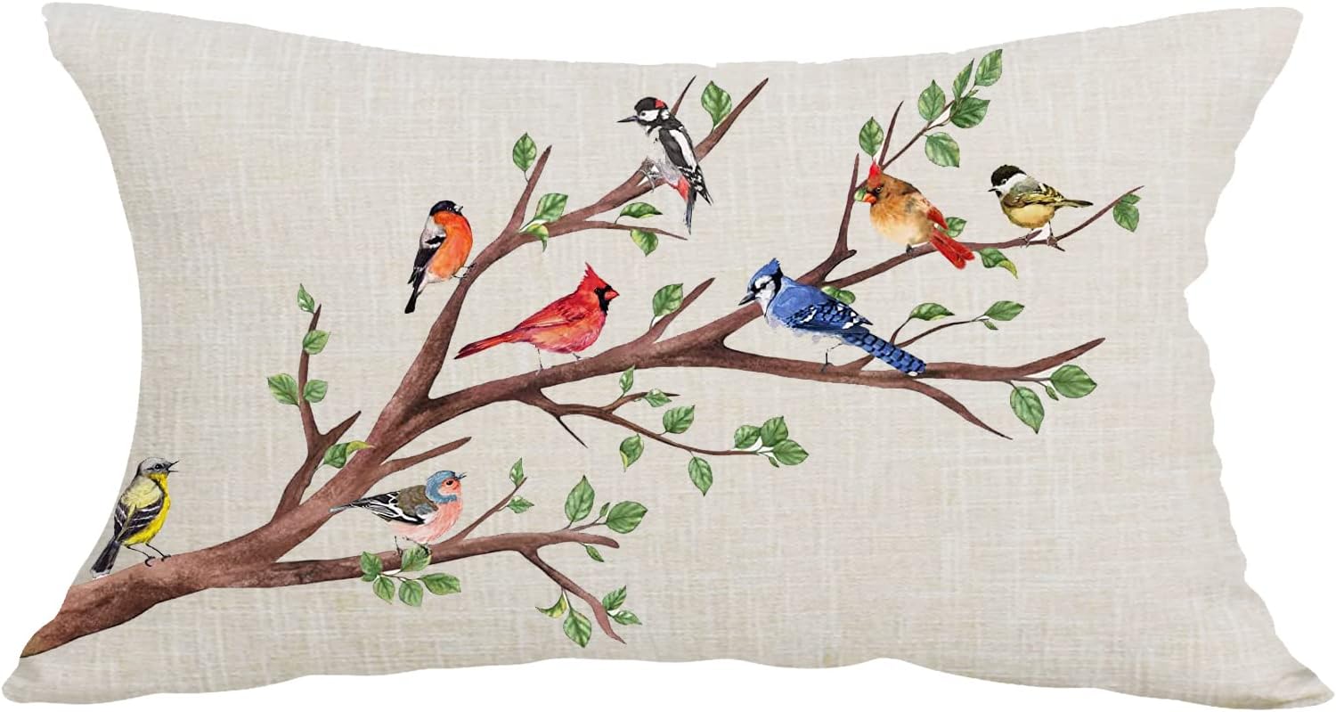 Funda de almohada lumbar decorativa de verano con diseño de acuarela, acuarela, pájaros y pájaros anaranjados, funda de almohada para silla, sofá,