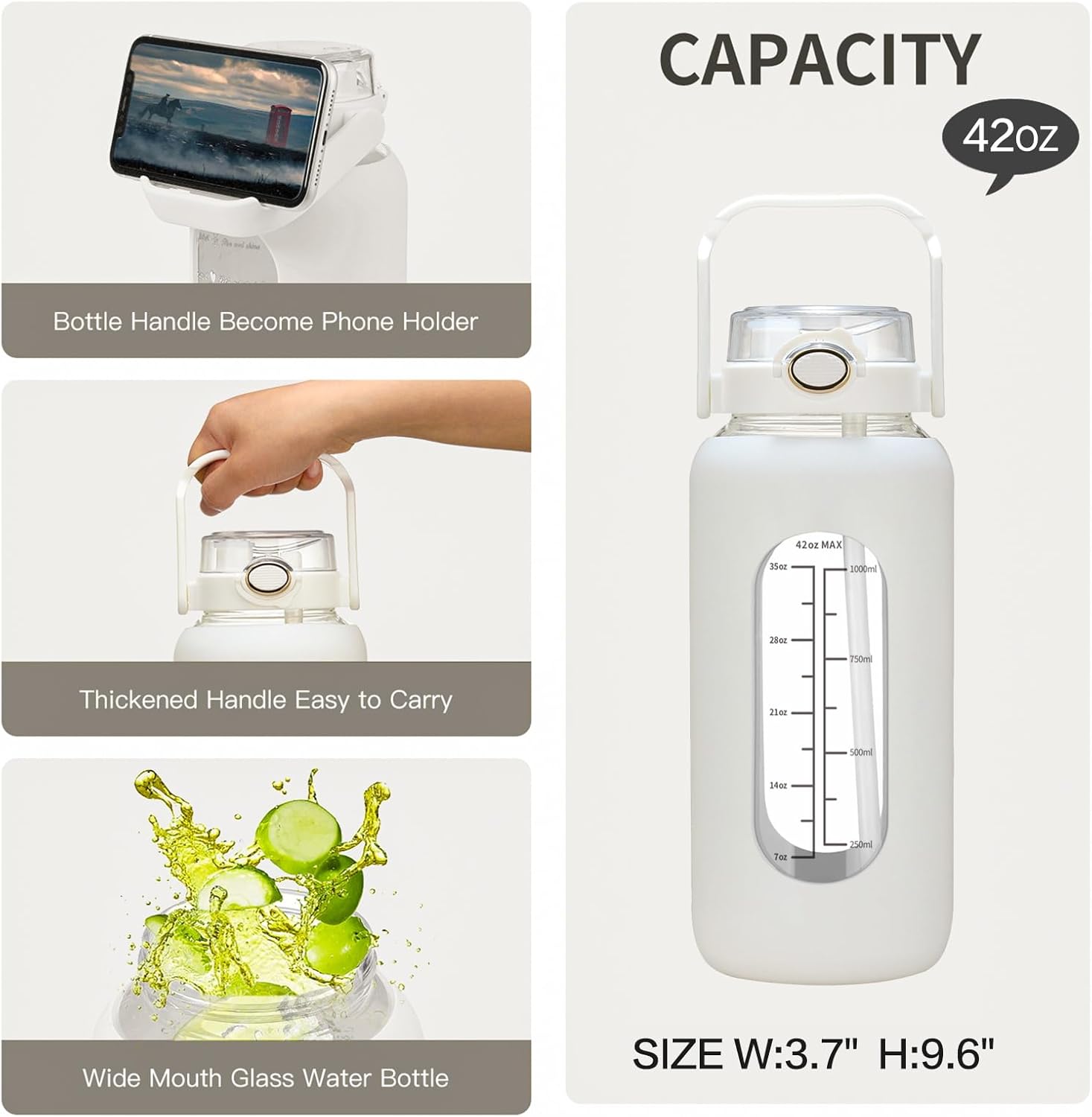 chunmo Pernos de agua de vidrio de 42 oz52 oz64 oz con pajilla, botella de agua motivacional grande de medio galón con marcador de tiempo, botellas