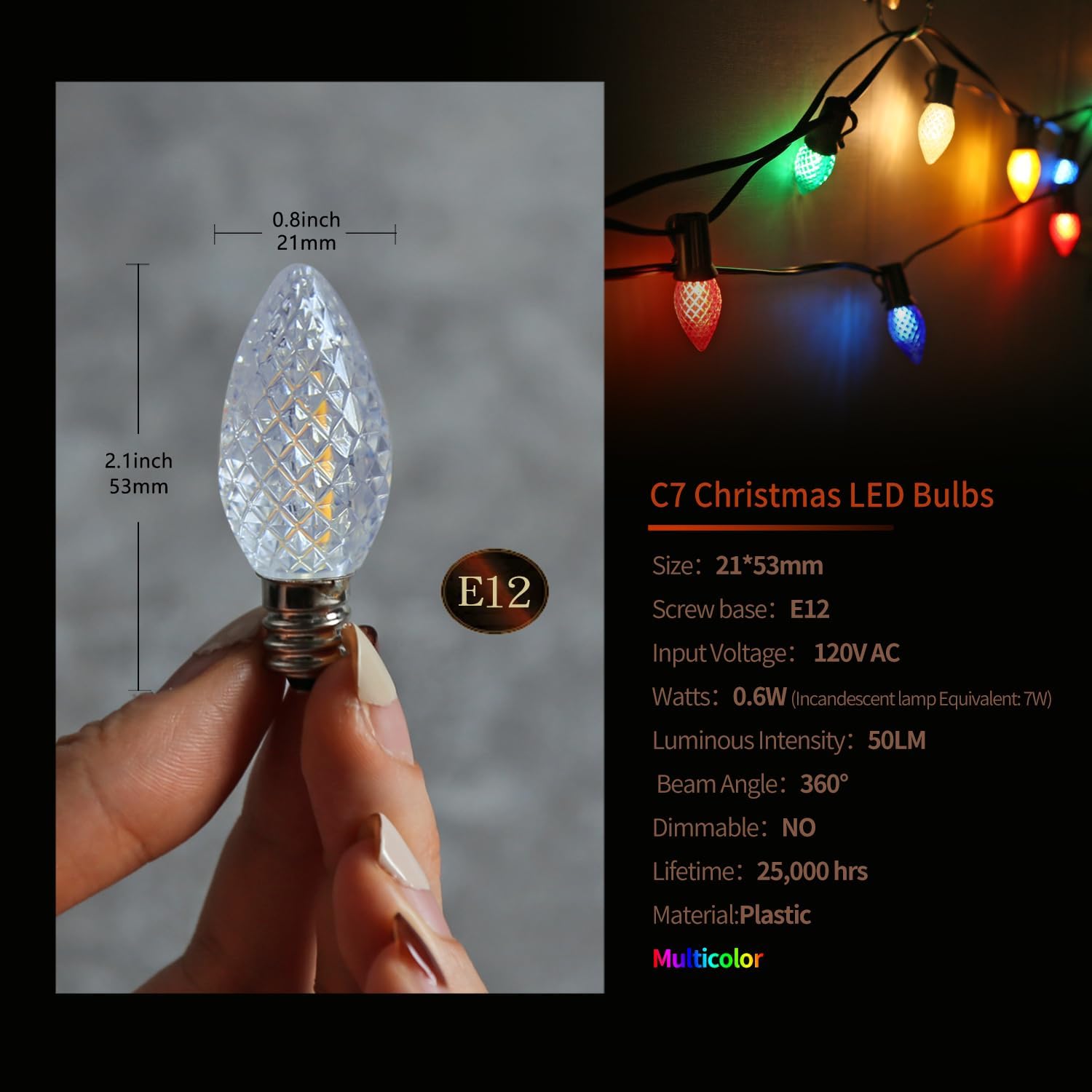 Paquete de 50 bombillas LED C7 de Navidad, repuesto C7 luces LED de Navidad para exteriores, bombilla LED C7 inastillable para cadena de luces de