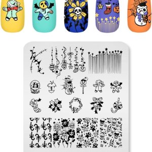 KADS Placas de estampado de uñas para Halloween, diseño de arte de uñas, atmósfera de terror, esqueleto, gota de sangre, bruja, calabaza linterna KADS Placas de estampado de uñas para Halloween, diseño de arte de uñas, atmósfera de terror, esqueleto, gota de sangre, bruja, calabaza linterna