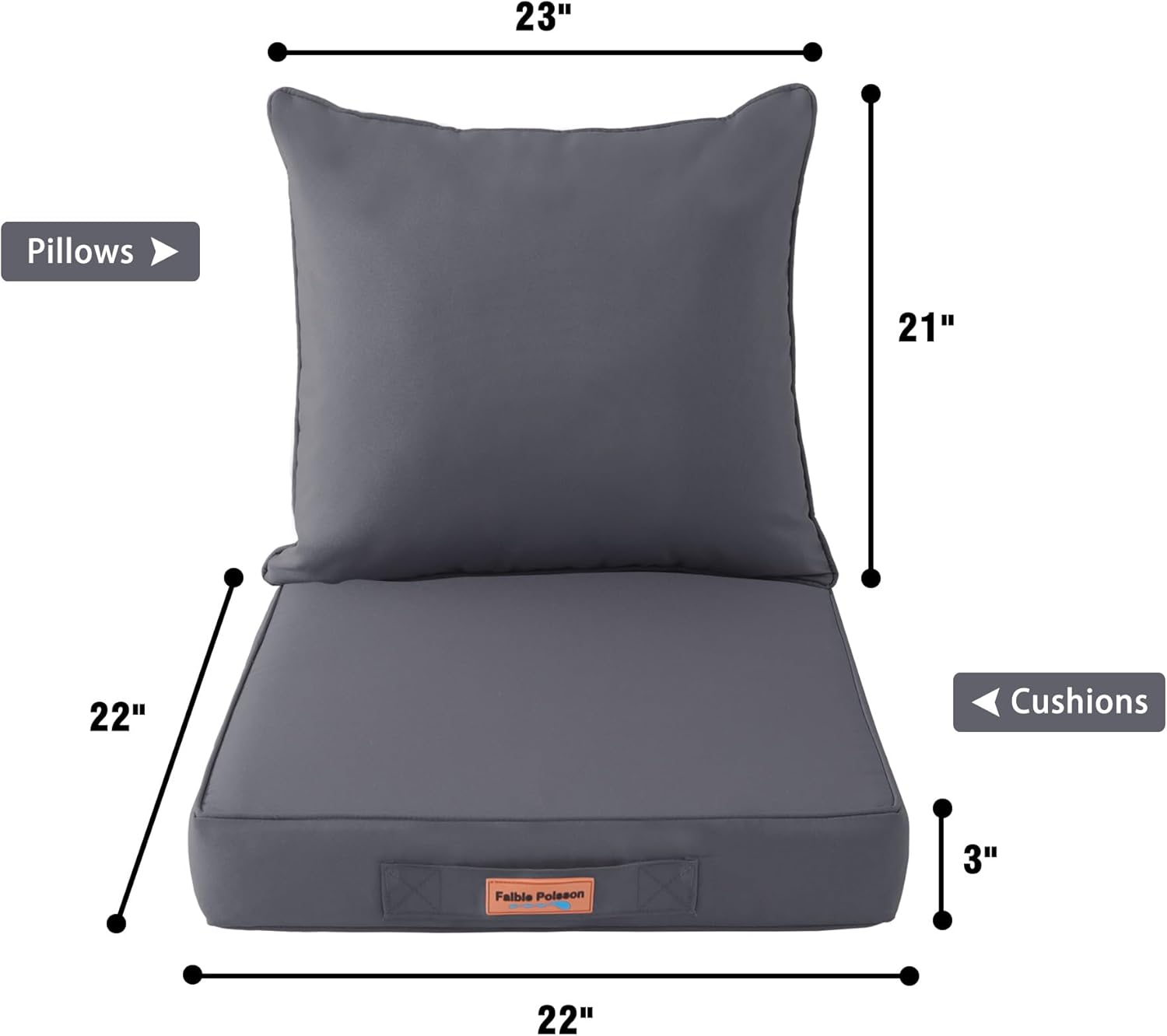 Cojines para sillas de exterior, 22 x 22 pulgadas, impermeables, para respaldo y asiento profundo para muebles de patio, con asa y correas