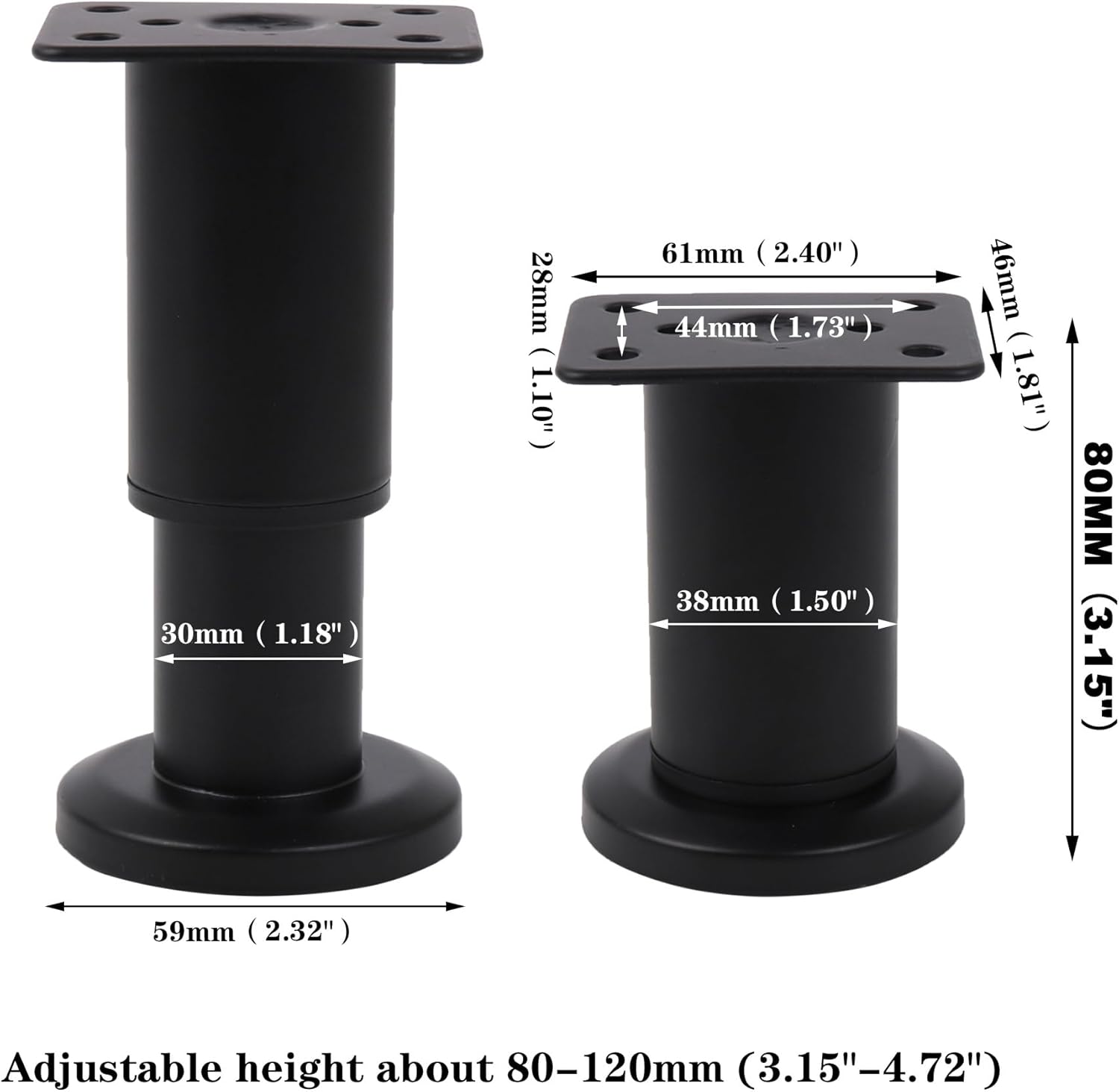 BQLZR Patas ajustables para muebles para cama, sofá, armario de 3.15 a 4.72 pulgadas, color negro, paquete de 4