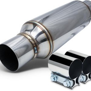 M-AUTO Silenciador de una sola cámara, entrada y salida interior de 2.5 pulgadas, conjunto de silenciador universal de acero inoxidable, longitud M-AUTO Silenciador de una sola cámara, entrada y salida interior de 2.5 pulgadas, conjunto de silenciador universal de acero inoxidable, longitud