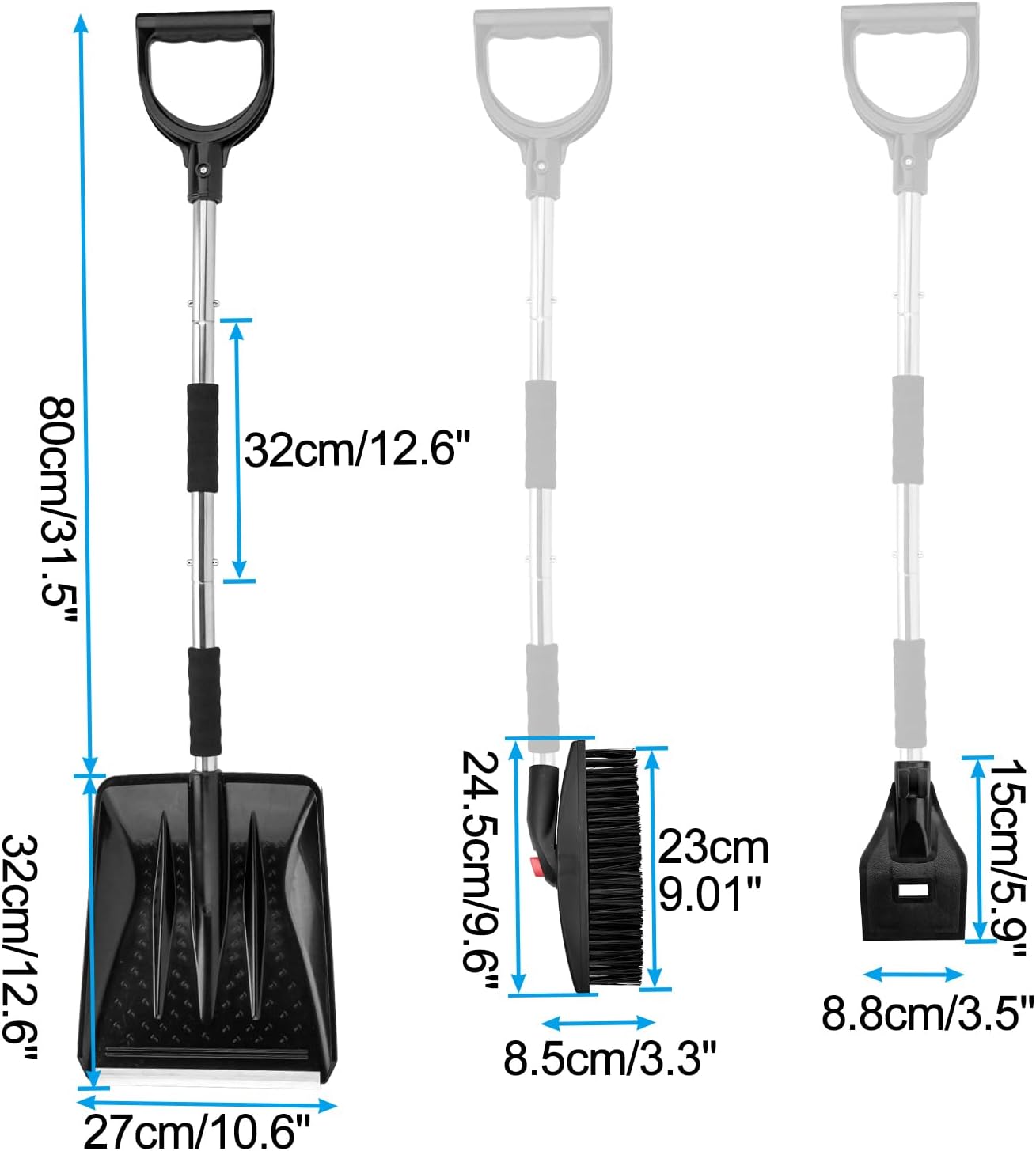 LESOLEIL Kit de pala de nieve, pala de nieve 3 en 1 con raspador de hielo y cepillo de nieve, kit portátil de eliminación de nieve de acero