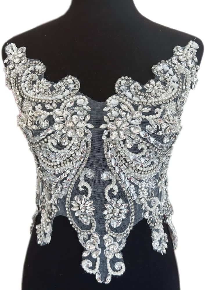 Apliques de encaje hechos a mano con diamantes de imitación para coser en cuentas de vidrio, accesorios para ropa de vestir (blanco)