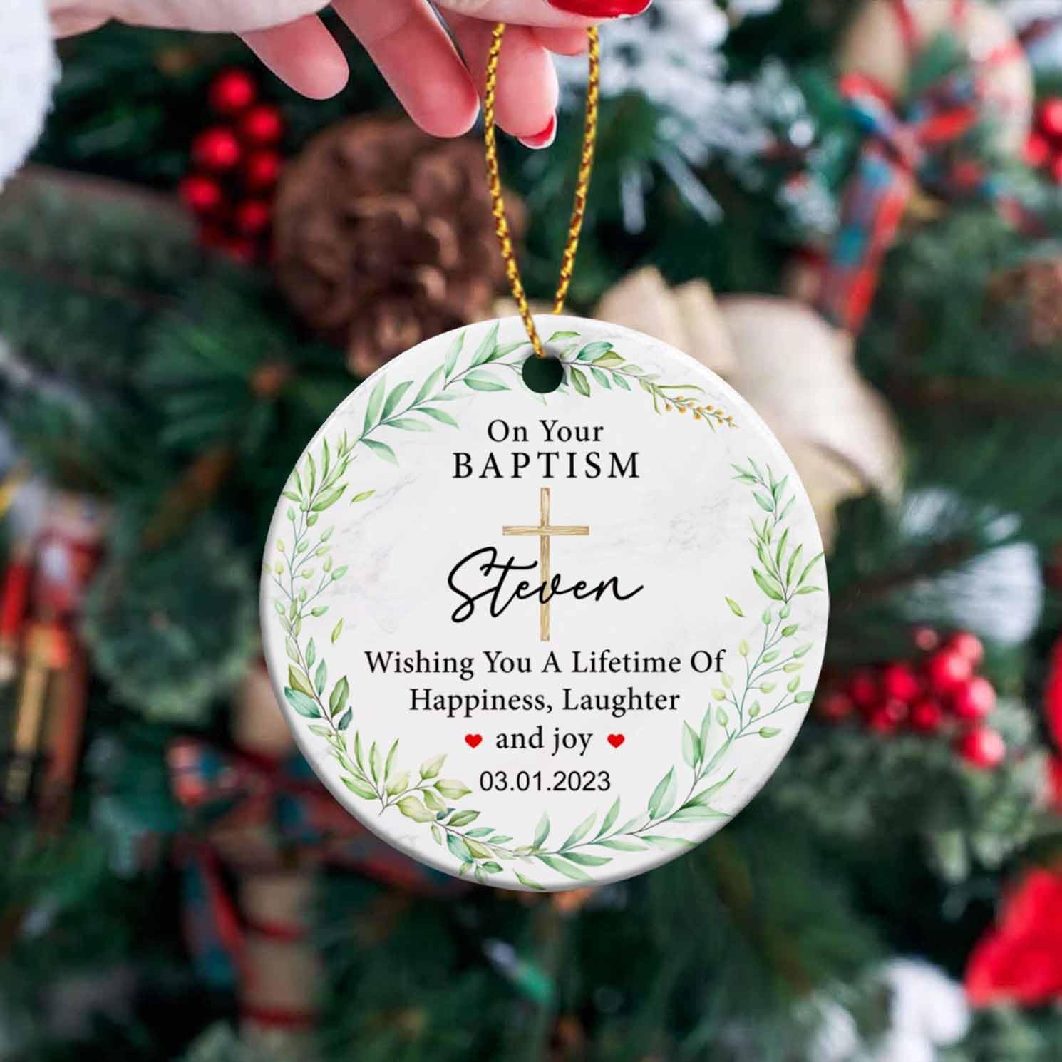 Adorno de cerámica de Navidad con texto en inglés On Your Bautismo, adorno personalizado de bautismo, recuerdo de bautizo, adorno de cerámica