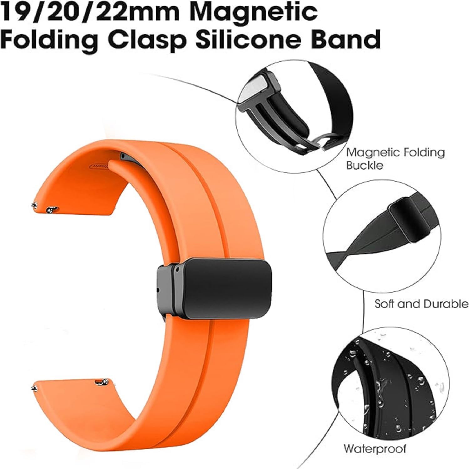 Correas de silicona universales de 0.748 in, 0.787 in y 0.866 in, correas de reloj deportivo de liberación rápida con hebilla plegable magnética