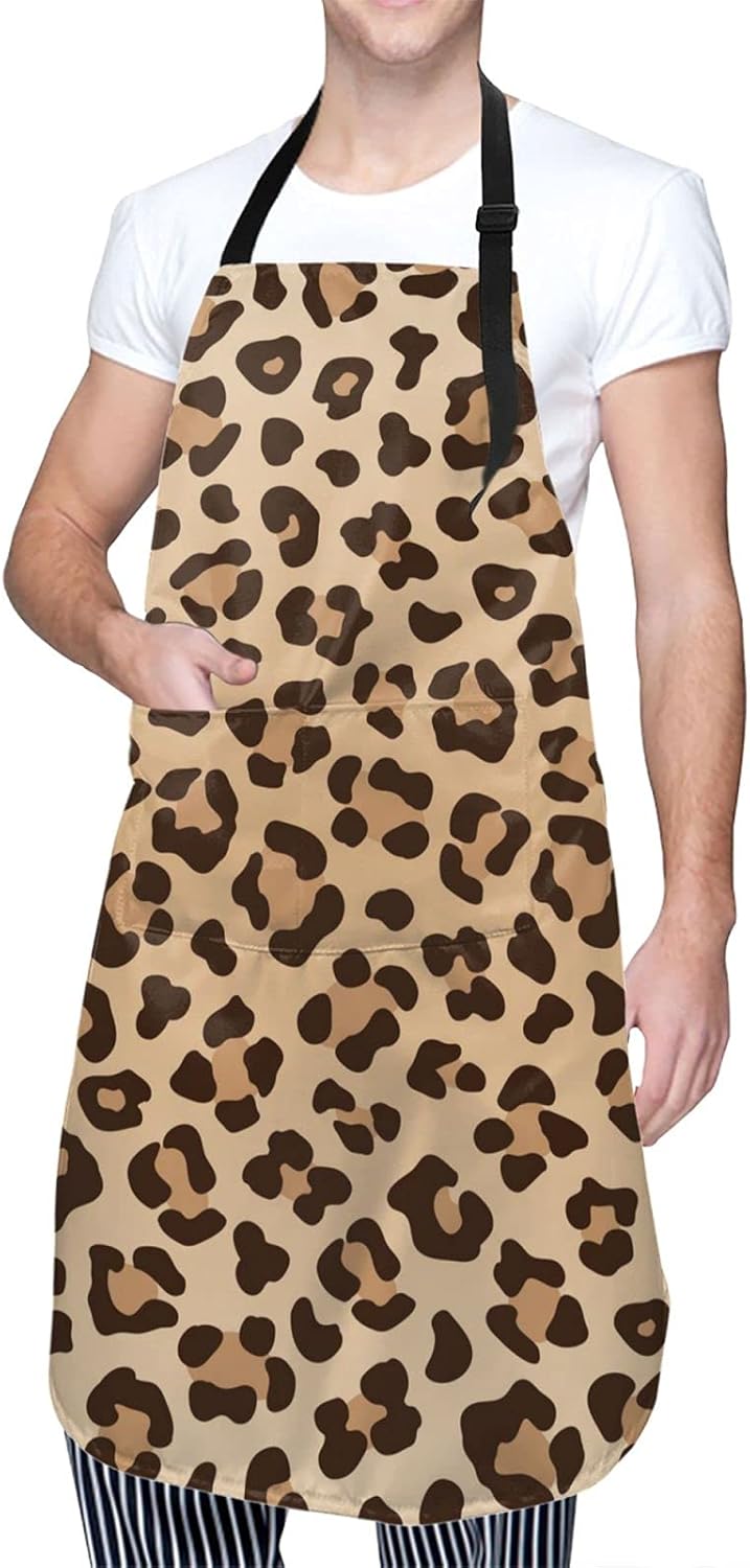 Delantal impermeable con estampado de leopardo con 2 bolsillos, textura de piel animal, delantales de chef de cocina, baberos para cocinar, hornear,