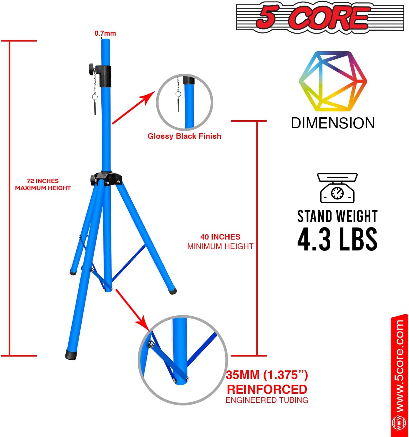 5 Core Soportes para altavoces, color azul cielo, resistente, altura ajustable, de 40 a 72 pulgadas, trípode PA para altavoces grandes, soporte de
