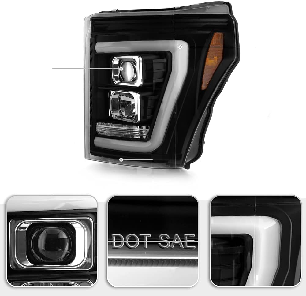 ACANII – Para Ford F250 F350 SuperDuty 2011-2016 Tubo LED negro con proyector LED integrado Faros delanteros izquierdo+derecho