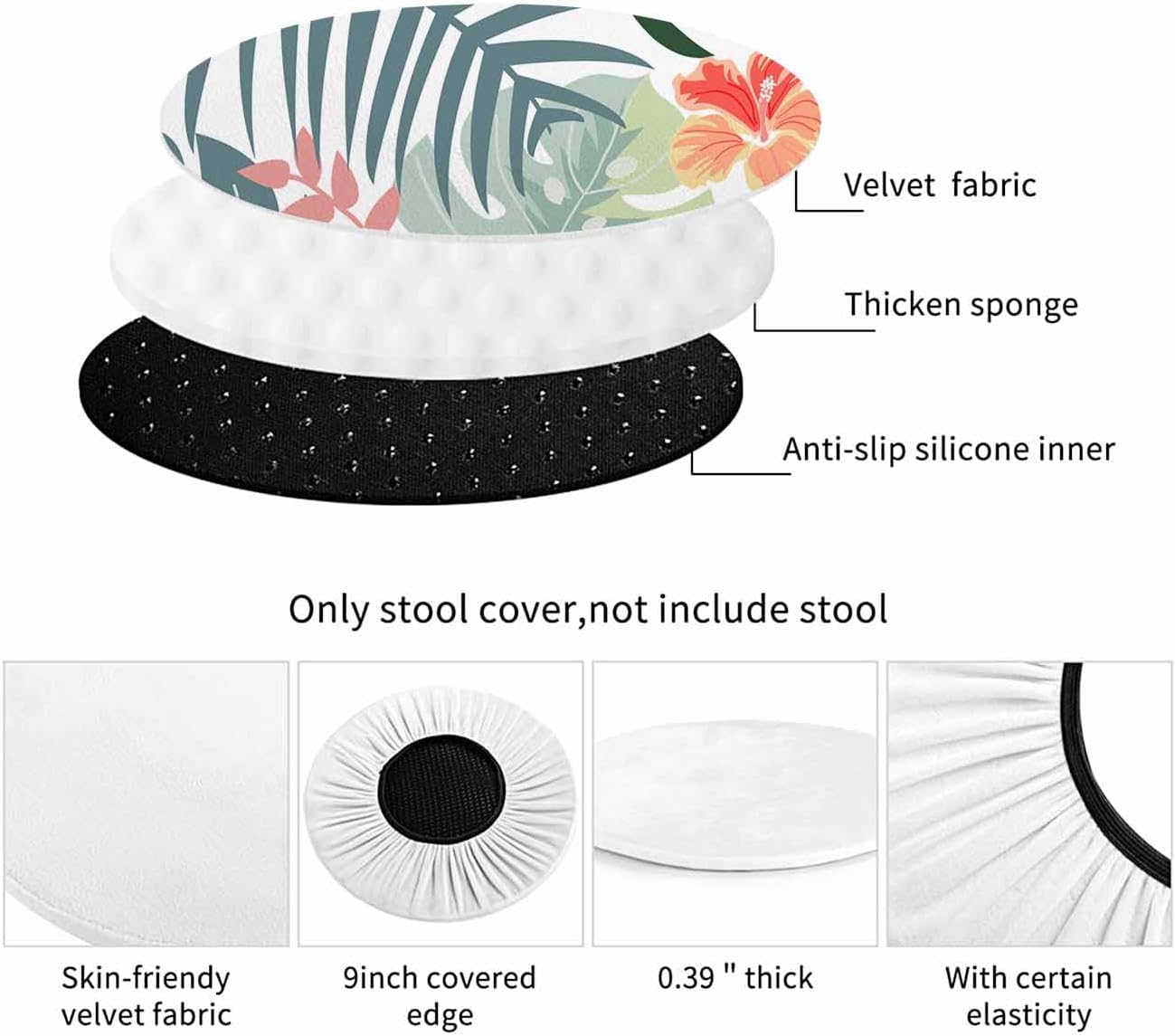 Swono Funda redonda para taburete de bar con hojas tropicales verdes modernas, cojín suave para asiento de bar, funda de cojín para silla de bar, 12