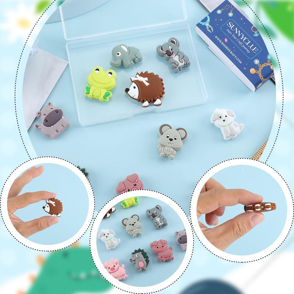 SUNNYCLUE 1 caja de 10 estilos de cuentas de silicona de animales, lindas cuentas focales de silicona de doble cara, dijes de perro de rana, cerdo,