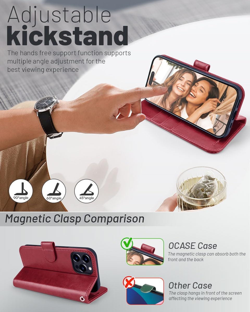 OCASE Funda tipo cartera compatible con iPhone 15 Pro, de piel sintética, con tarjetero, bloqueo RFID, soporte para teléfono carcasa interior de TPU