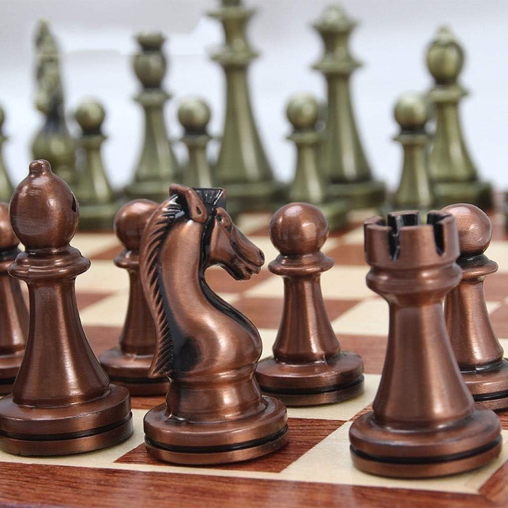 ROLTIN Chess Set Gift Large Metal Deluxe Chess Retro Copper Plated Alloy Chess Adult Set Board Game Portable Wooden Box Storage Folding Chess Set