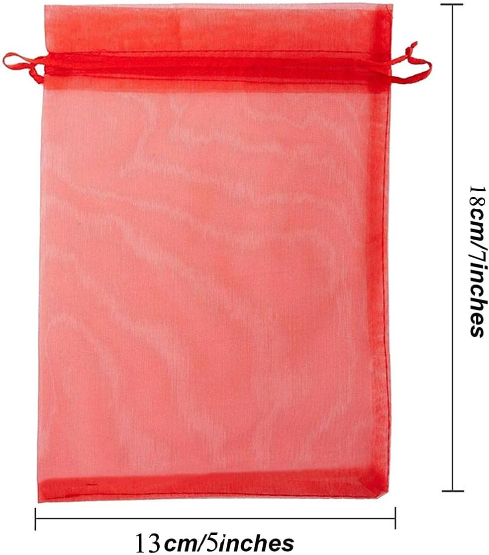 Bolsas de regalo de organza de 5 x 7 pulgadas con cordón para joyas, dulces, flores de lavanda secas, 100 bolsitas rojas, bolsa de malla de tela