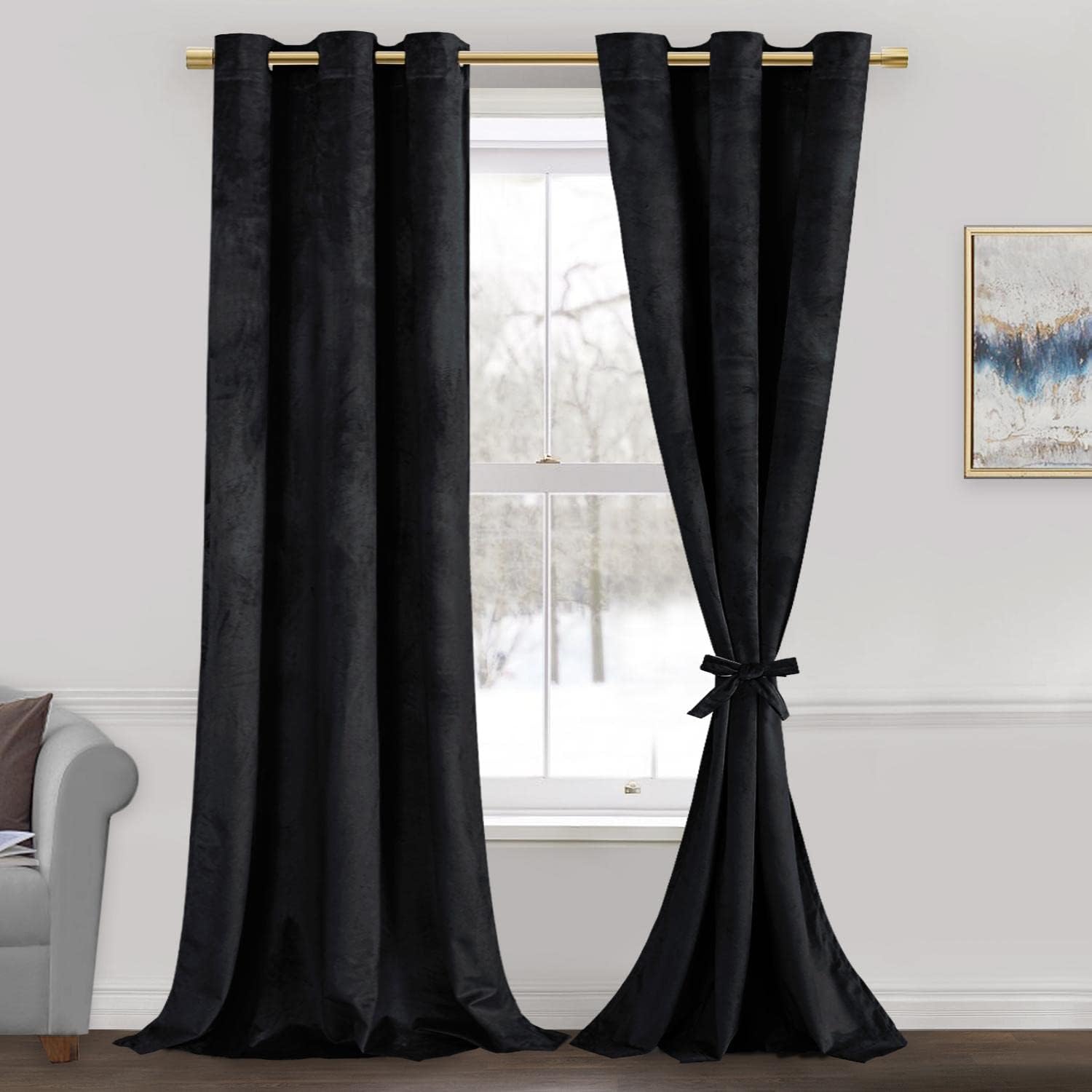 JIUZHEN Cortinas opacas de terciopelo negro de 42 x 84 pulgadas, cortinas aisladas de lujo retro, absorben el ruido y protegen la privacidad, para