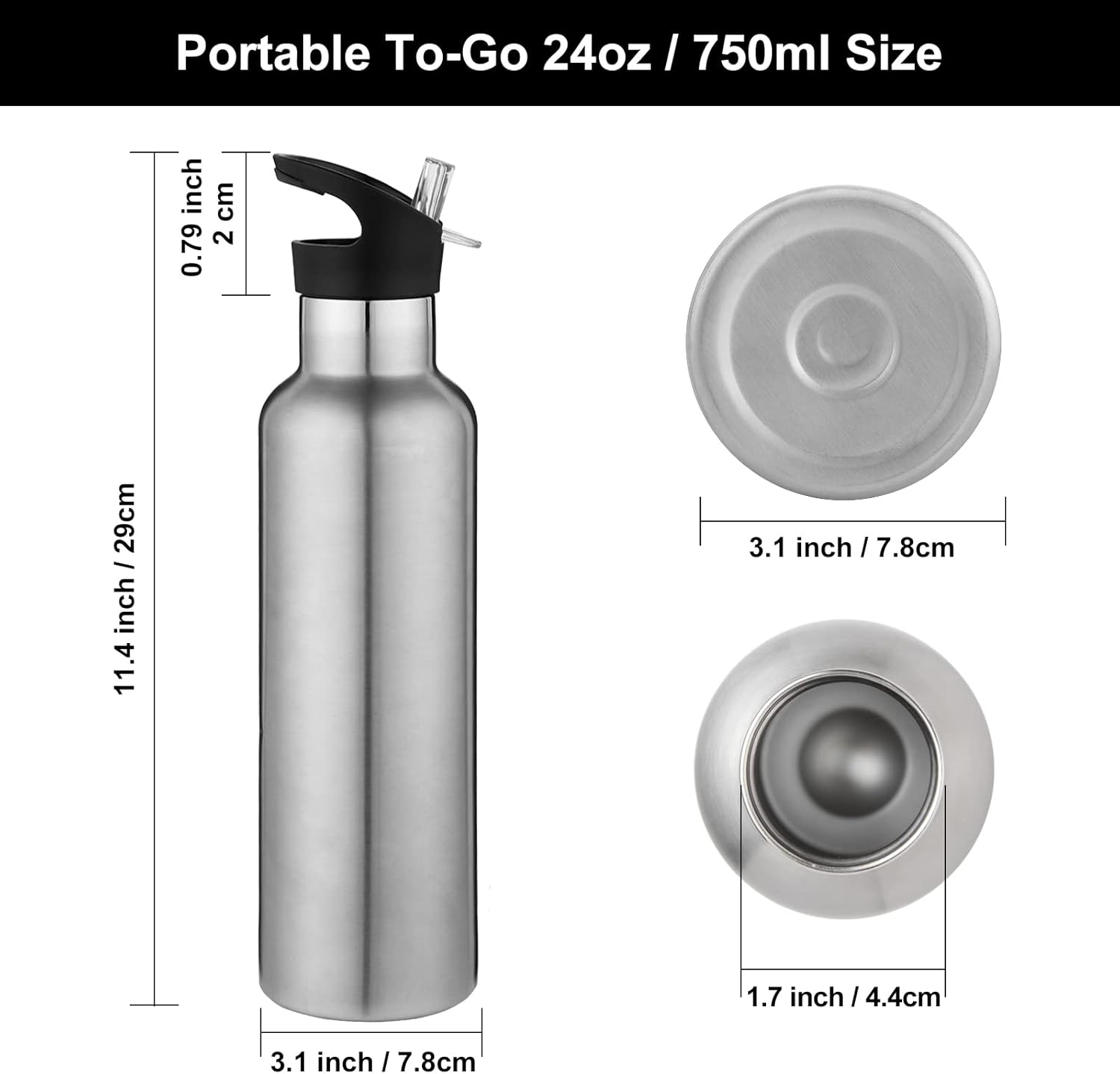 Neihepal Botellas de agua aisladas de 24 onzas a granel, paquete de 2 botellas deportivas de doble pared de acero inoxidable con tapa con pajilla,