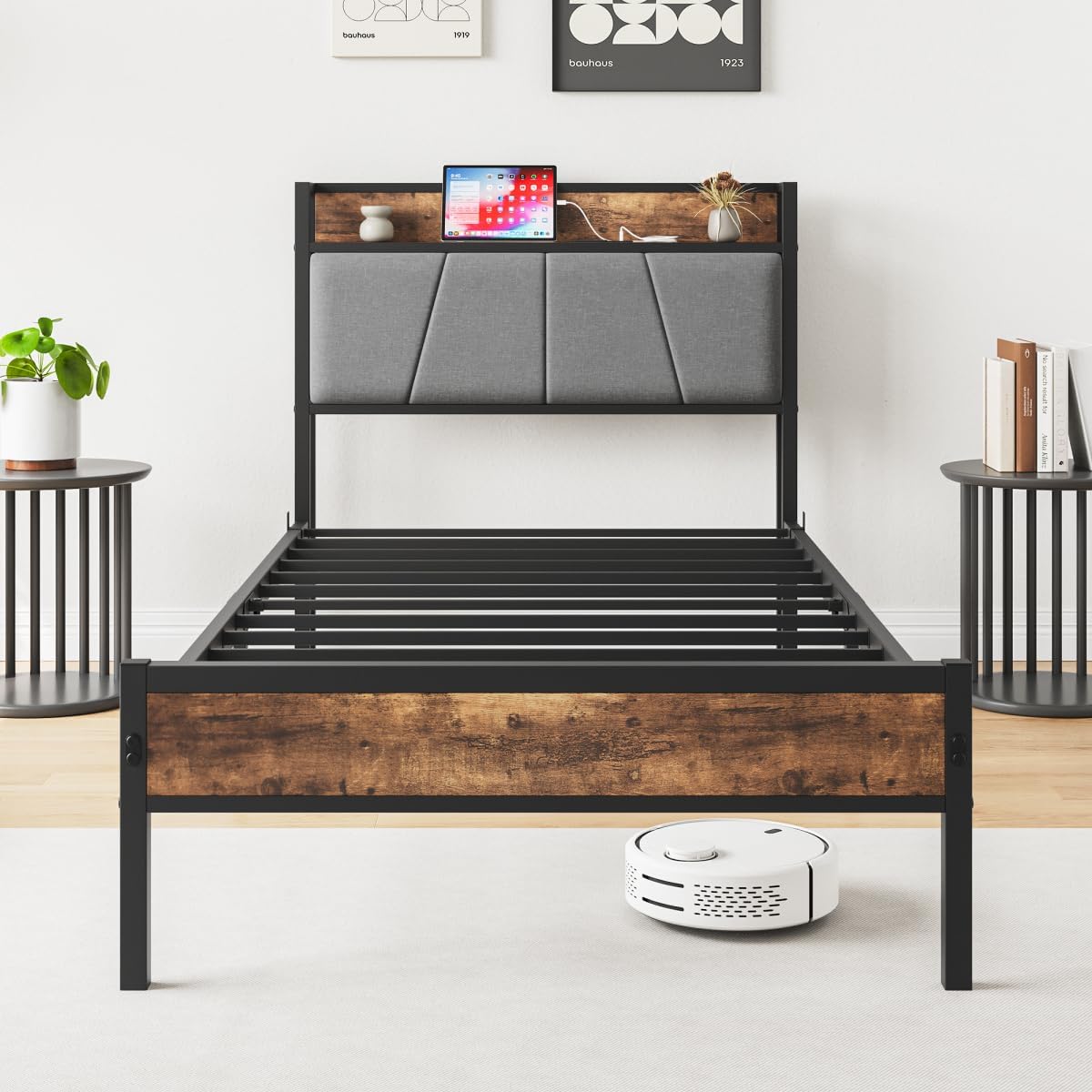 Base de cama de metal resistente tamaño individual con cabecera de almacenamiento tapizada y estación de carga, no necesita somier, fácil montaje,