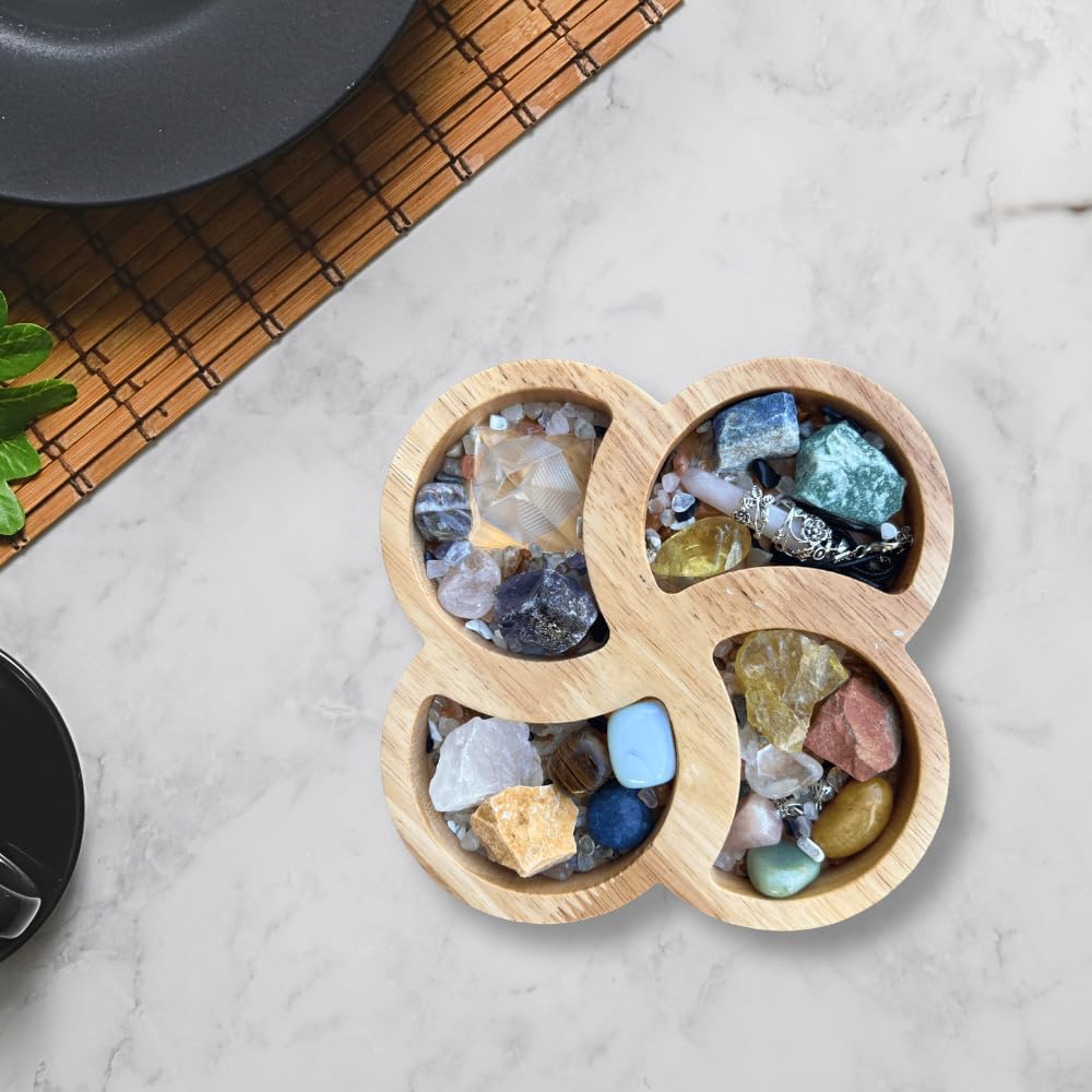 Bandeja de madera con flores de cristal para piedras, muestra tus cristales y piedras curativas, soporte de cristal para exhibición de piedras,