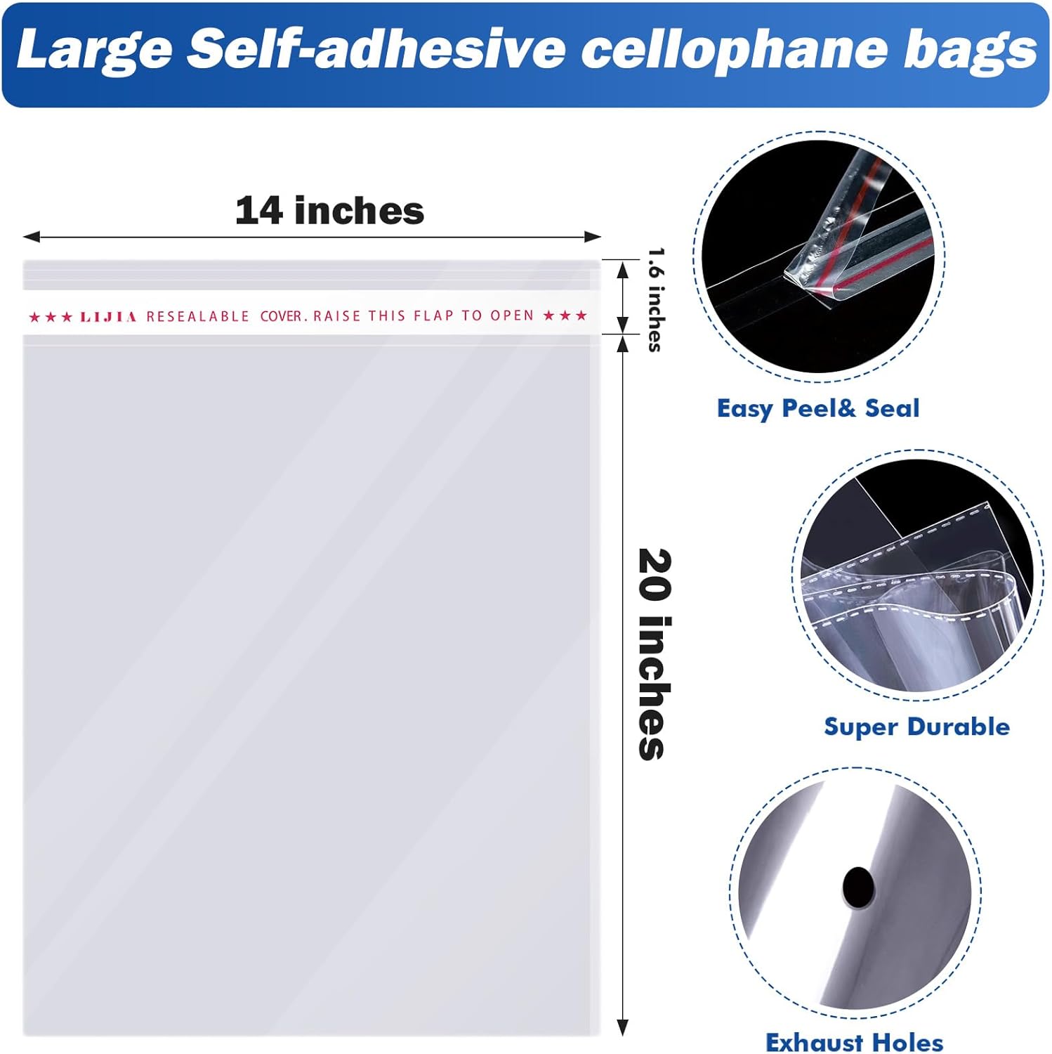 Bolsas de celofán resellables transparentes grandes de 14 x 20 pulgadas para productos de embalaje, 300 bolsas de regalo autosellantes, bolsas de