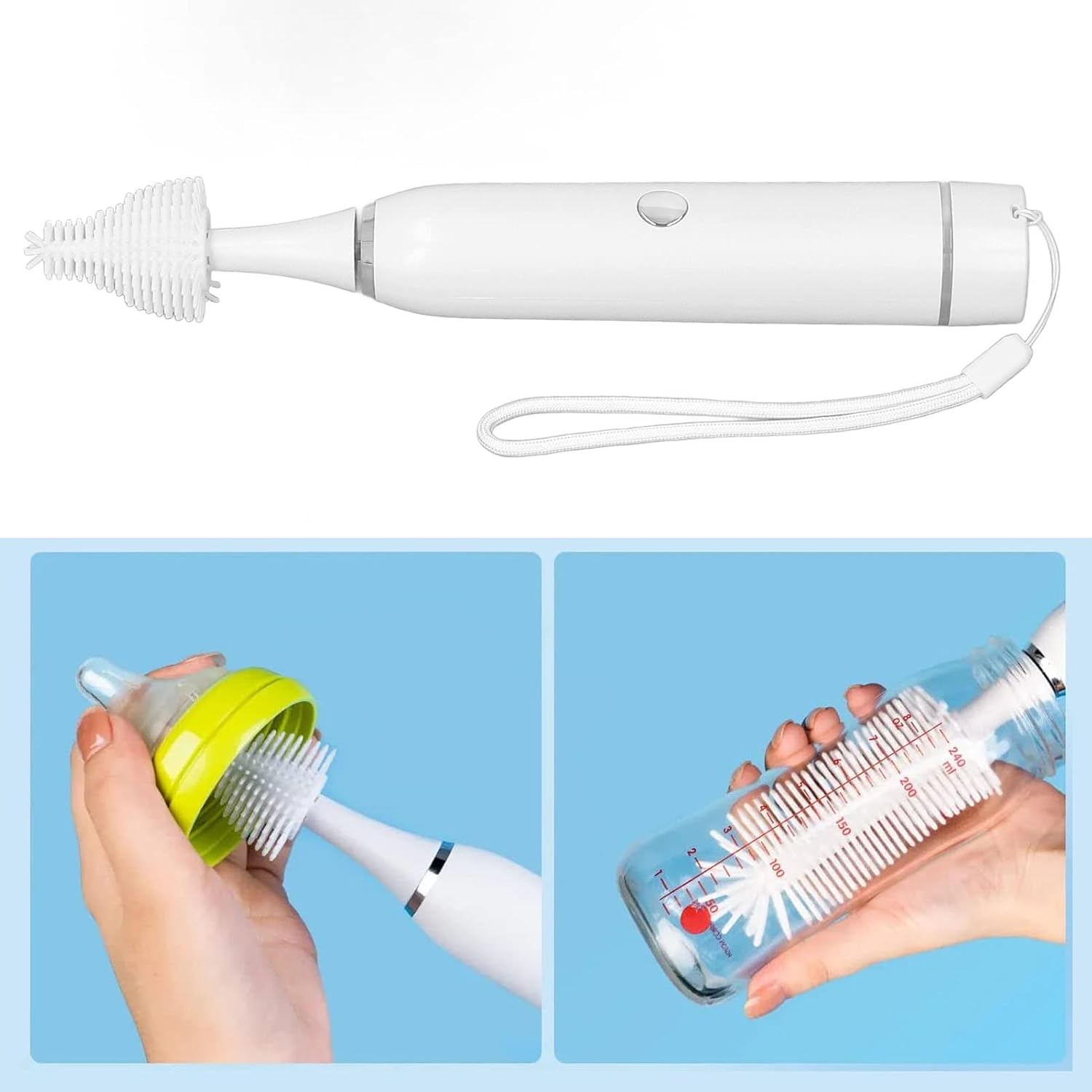 Cepillo eléctrico para biberón, juego de limpiador de botellas impermeable con 2 cabezales de cepillo USB recargable de silicona para botellas para