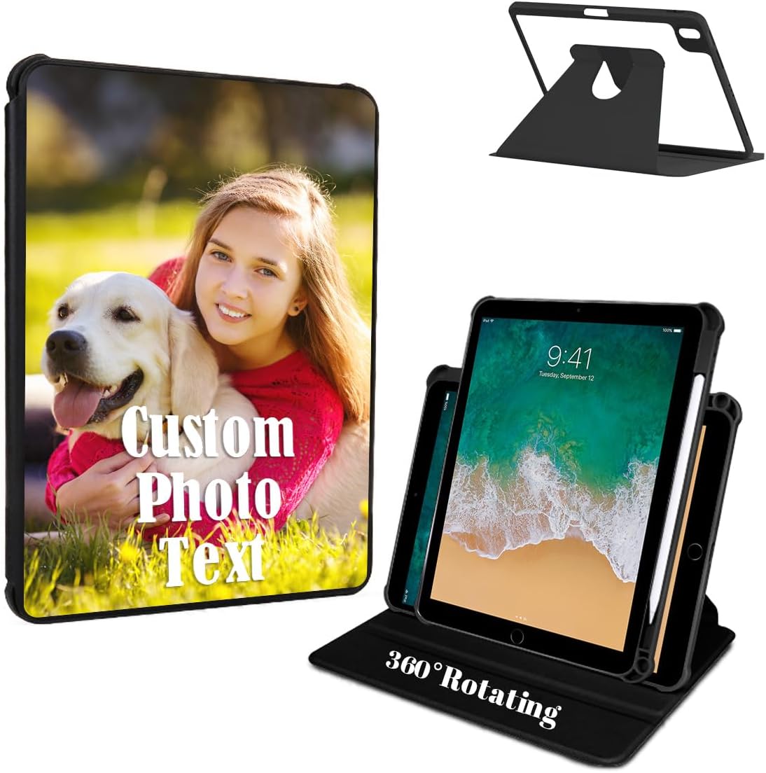 Funda protectora personalizada con soporte giratorio de 360 grados con logotipo y foto con parte trasera transparente y reposo inteligenteencendido