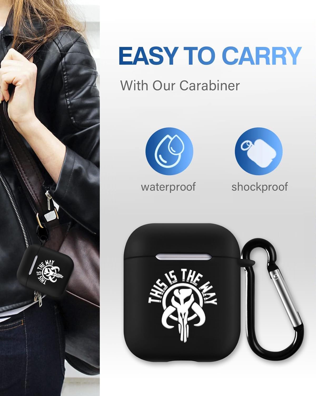 Funda compatible con AirPods de 2 y 1 generación para Star Wars Mandalorian This is the Way con llavero funda de silicona duradera que absorbe los