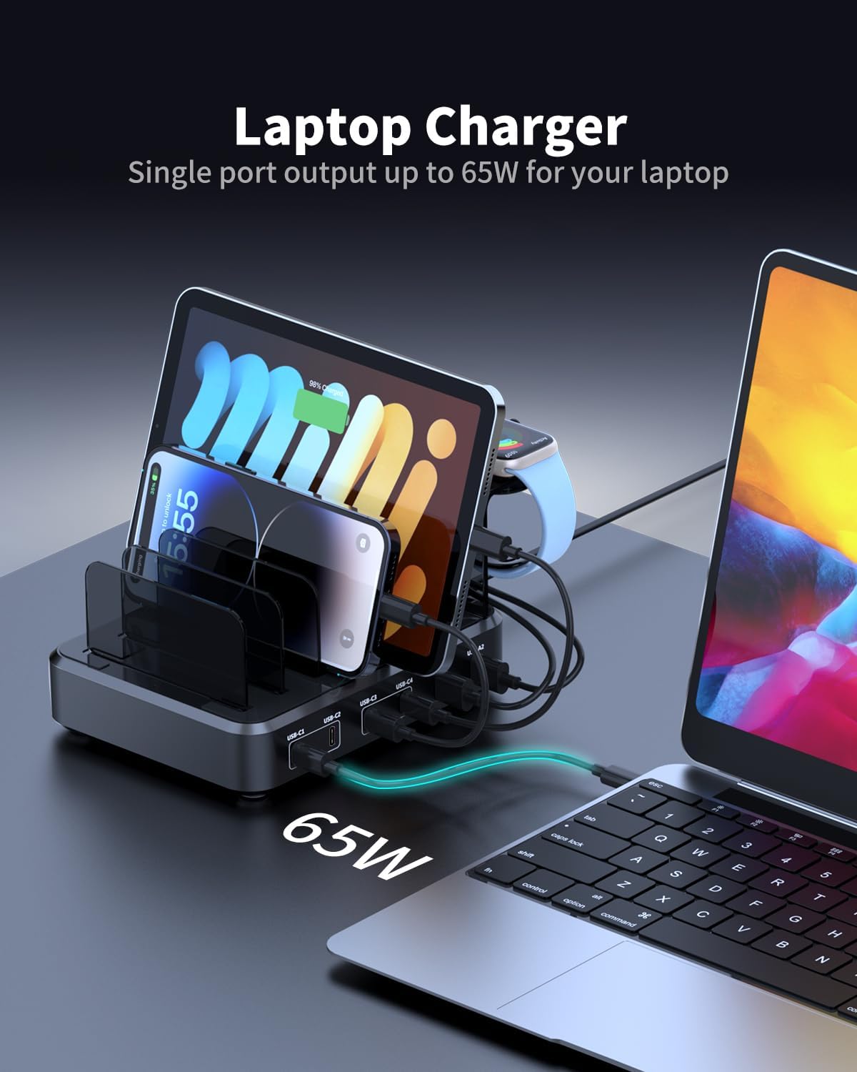 TYCRALI Estación de carga de 120 W para múltiples dispositivos Apple – Cargador rápido USB C de 65 W máximo para iPhone, iPad, tabletas, portátiles