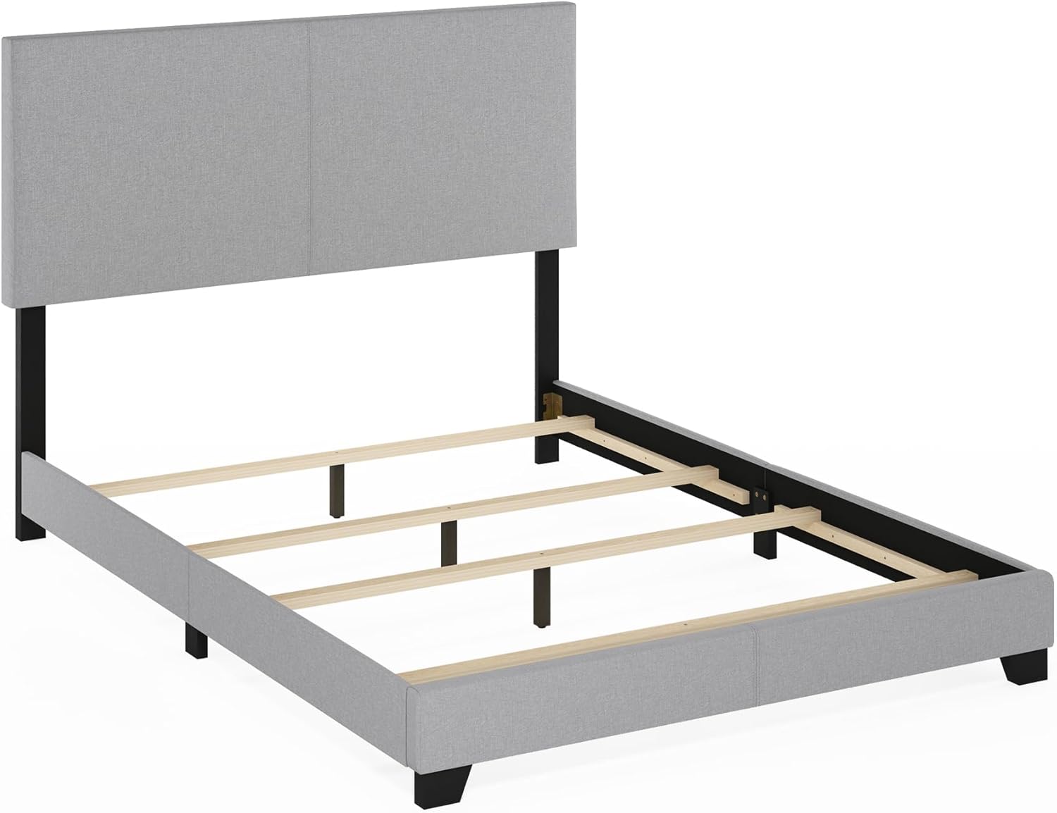 Furinno Pessac – Marco de cama tapizado de tela con soporte de listones de madera, tamaño Queen, glaciar