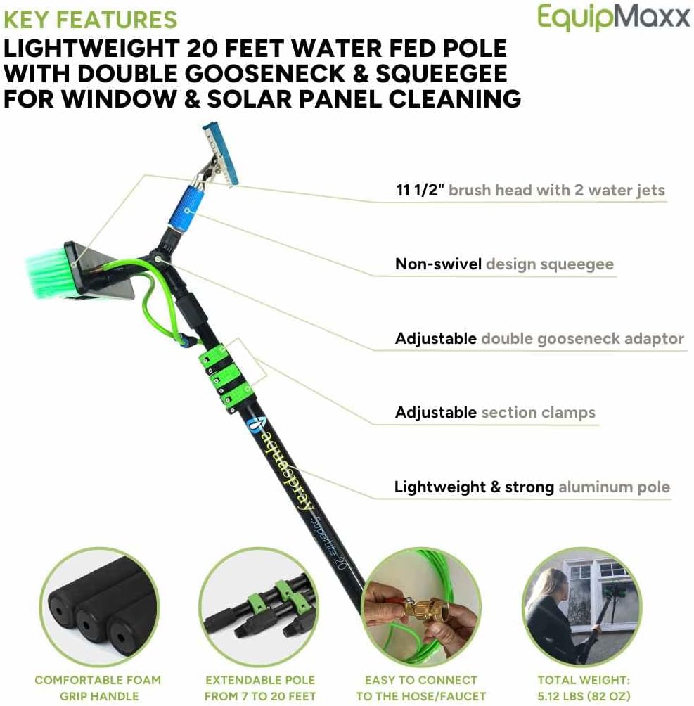 Cepillo de limpieza de panel solar de 20 pies y sistema profesional de poste para limpieza de ventanas y vidrios, equipo de lavado, herramienta de