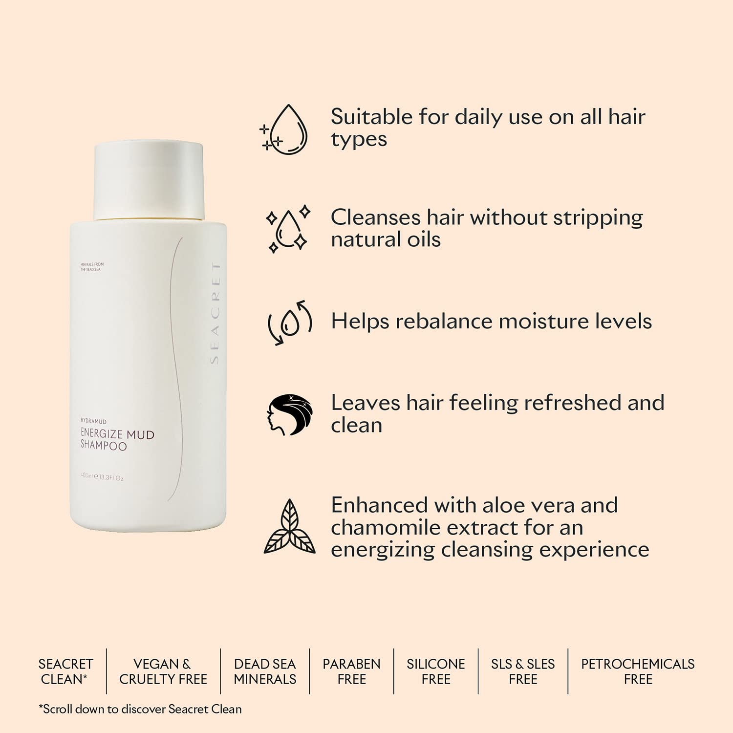 SEACRET Champú para el cabello HydraMud Energize Mud Shampoo con minerales del mar muerto y aceite de argán, 13.3 onzas líquidas